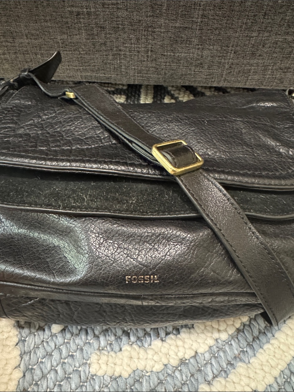 Fossil Peyton Black Pebbled Leather Crossbody Messenger Bag Adjustable Strap - Picture 3 of 11